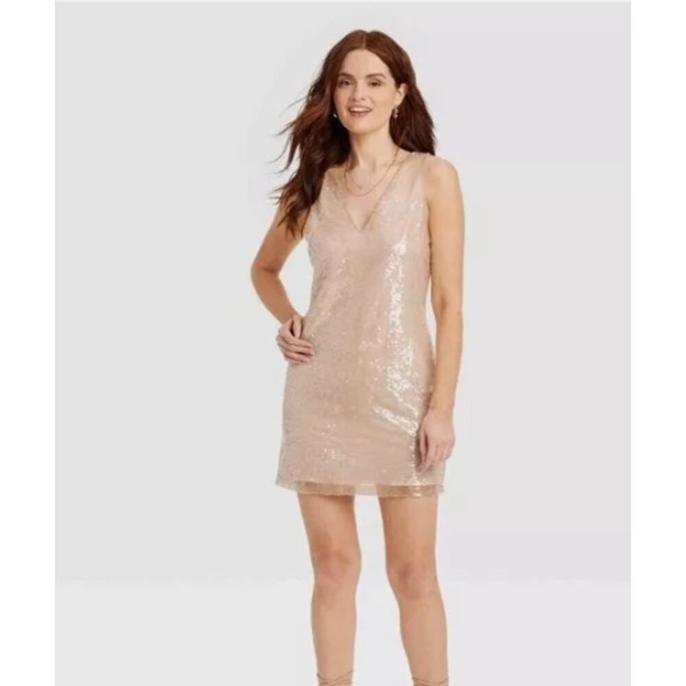 A New Day Dress Womens Size M All Over Sequin Mini V Neck Cream Sheer Lined NEW